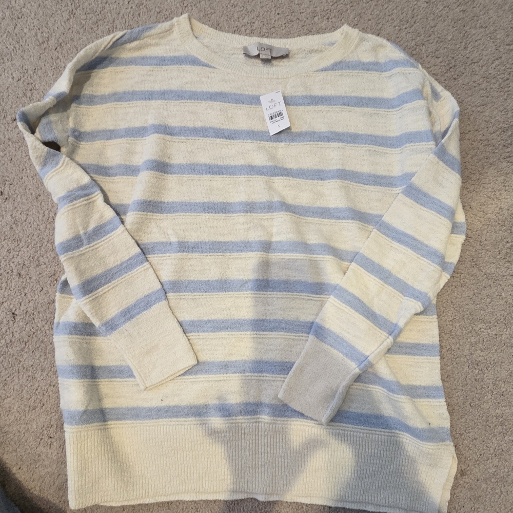 LOFT Cream and Blue Striped Sweater